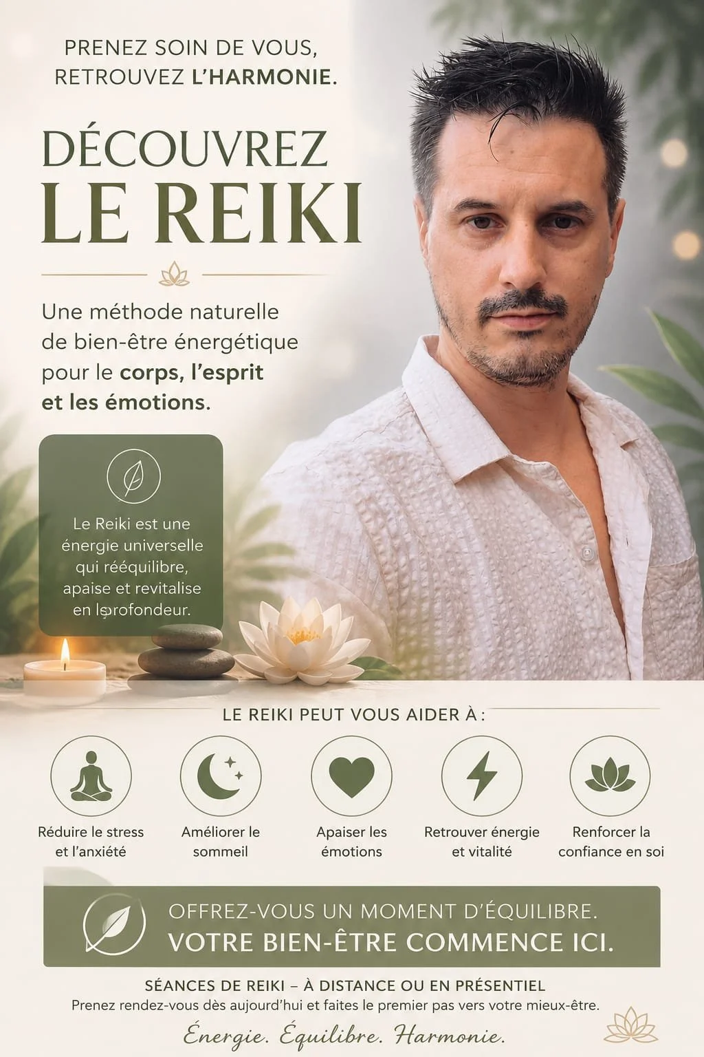 Affiche promotionnelle sur le Reiki montrant un homme avec fond naturel, textes encouragés à prendre soin de soi, découvrir le Reiki, ses bienfaits pour le corps, l'esprit et les émotions, et ses usages pour réduire le stress, améliorer le sommeil, apaiser les émotions, retrouver énergie et confiance en soi. Inclut des symboles et une image de fleur de lotus.