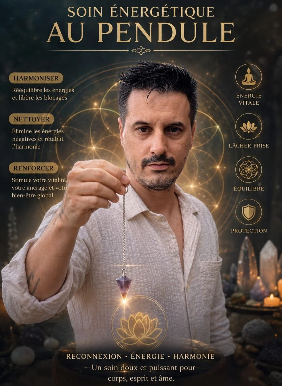 Une publicité pour un soin énergétique nommé 'Au Pendule' avec un homme tenant un pendule en forme de diamant à une main, dans un décor mystique avec des cristaux et des bougies, avec des icônes et textes décrivant ses bienfaits comme énergie vitale, lâcher-prise, équilibre et protection.