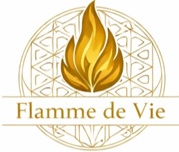 Une flamme dorée stylisée avec un fond géométrique, accompagnée du texte 'Flamme de Vie' en dessous.