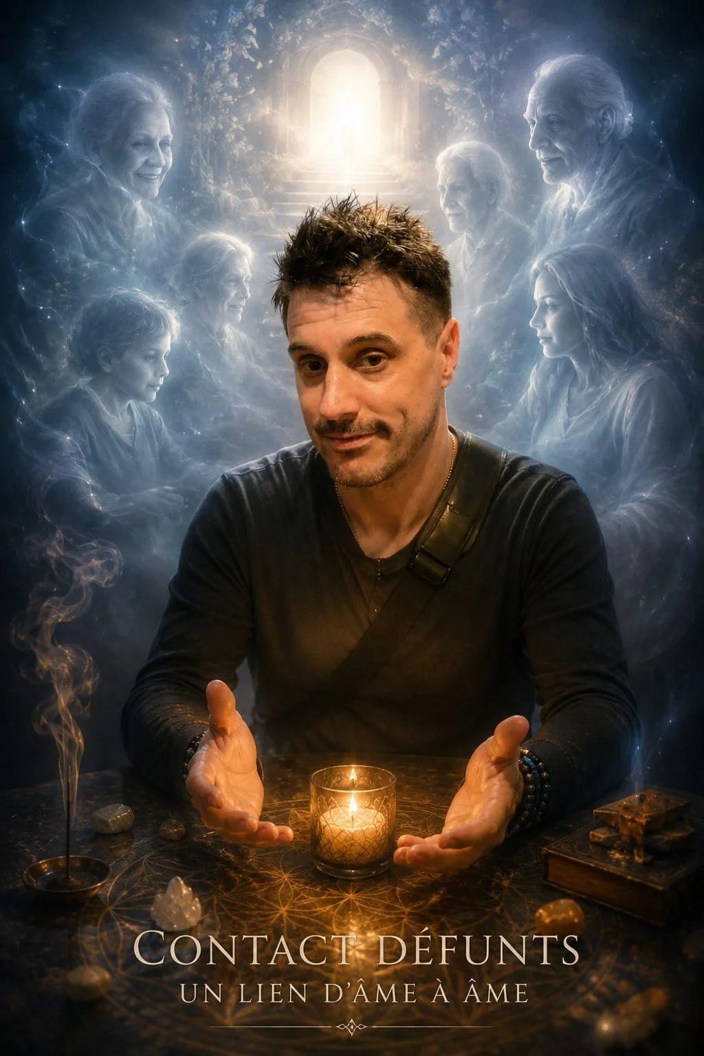 Un homme en noir devant un fond avec des images d'âmes ou de figures spirituelles en teintes bleues, avec une lumière brillante à l'arrière. Il est assis à une table avec une bougie, des pierres, et un livre, semblant faire une séance de contact avec des défunts.