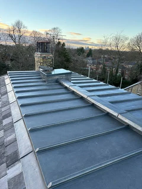 View of a metal roof with a chimney and surrounding trees and houses in the distance during sunset.