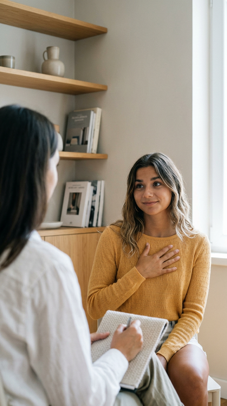 A woman sitting and speaking with a therapist or counselor who is taking notes in a notebook.