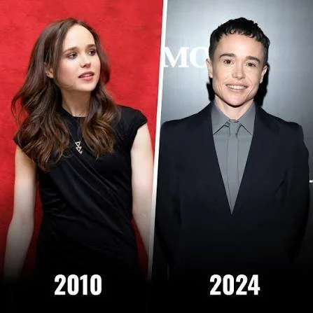 Side-by-side comparison photos from 2010 and 2024 showcasing the transition journey of Oscar-nominated transgender actor Elliot Page.