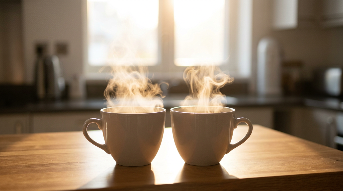 Two white ceramic coffee mugs with steam rising on a wooden kitchen table, with sunlight coming through a window in the background.