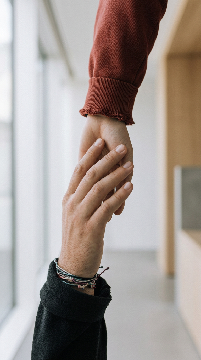 Two hands, one reaching out and the other grasping, in a gentle hand-holding gesture inside a bright room.
