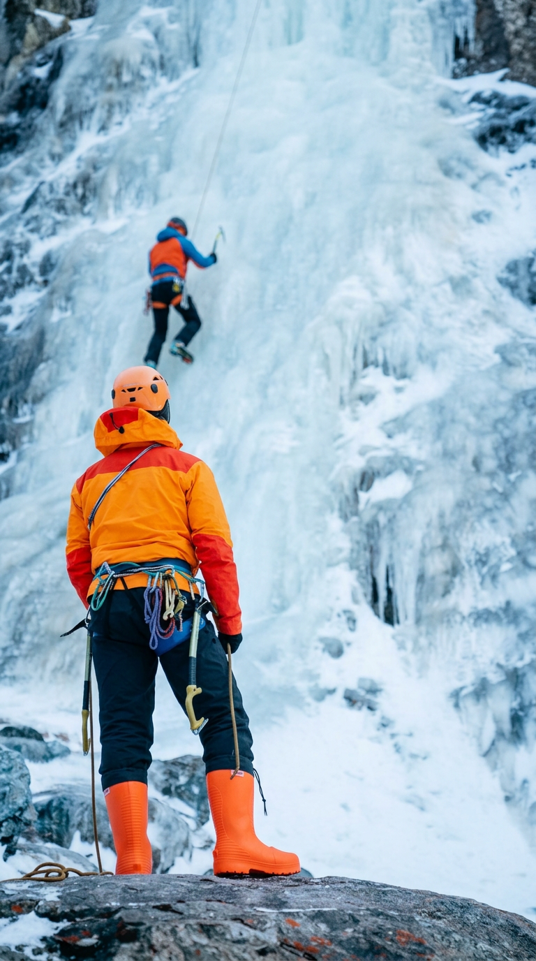 Two ice climbers, one standing with gear and one ascending an icy frozen waterfall.