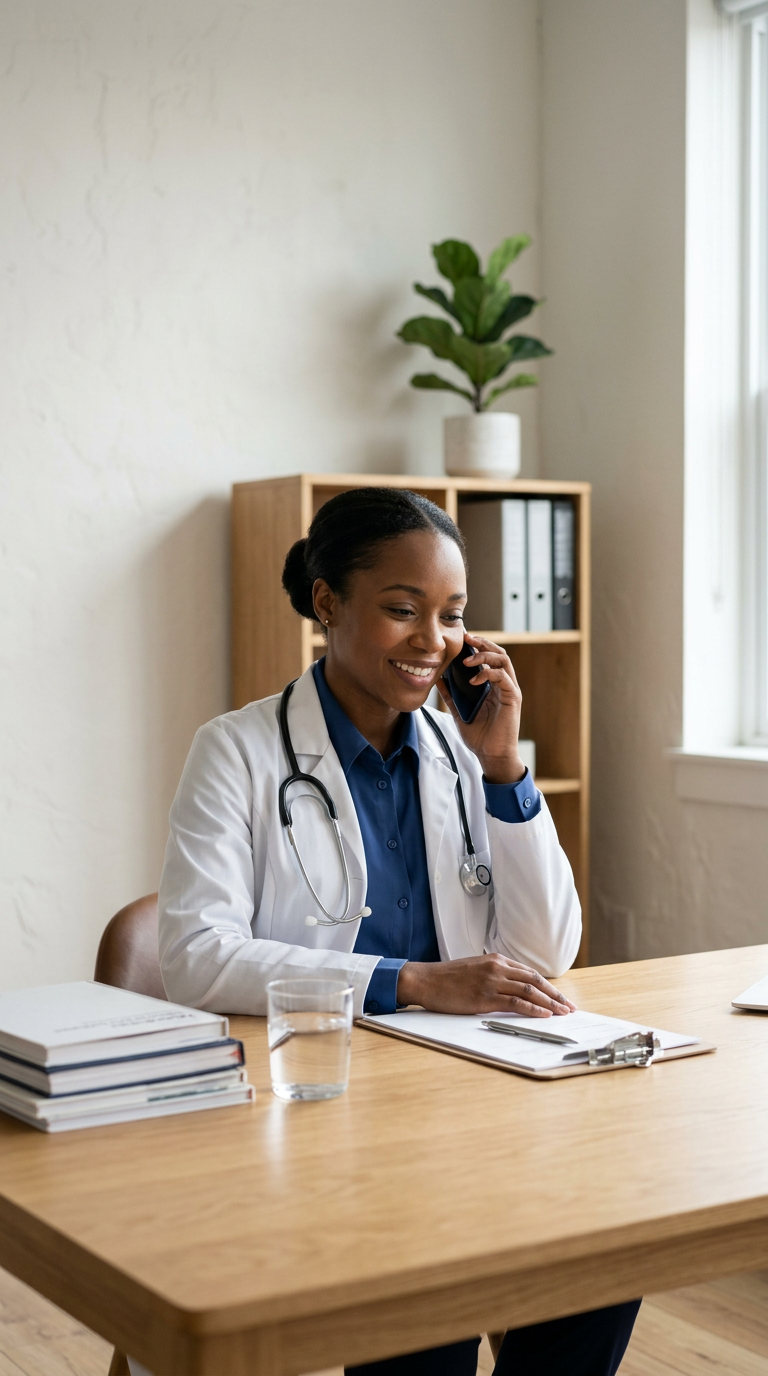 A young female doctor with a stethoscope around her neck smiling and talking on a mobile phone in a medical office, with a clipboard, glasses of water, and a stack of notebooks on the desk.