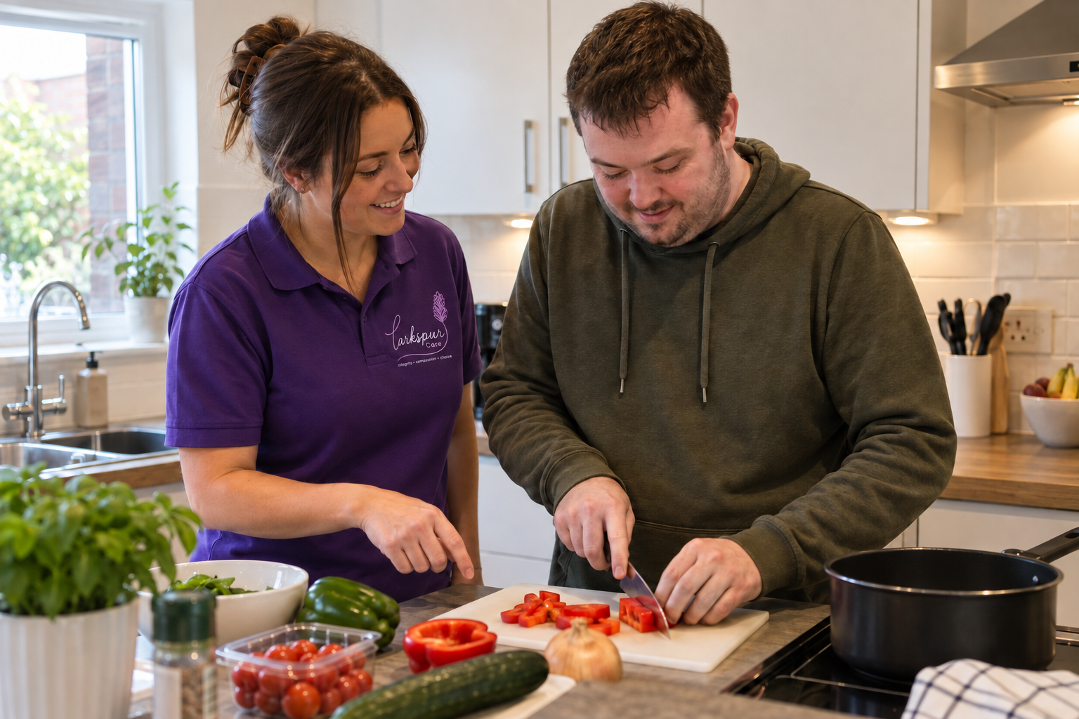 A woman with dark hair in a bun wearing a purple shirt helping a man cut a red pepper in a kitchen.