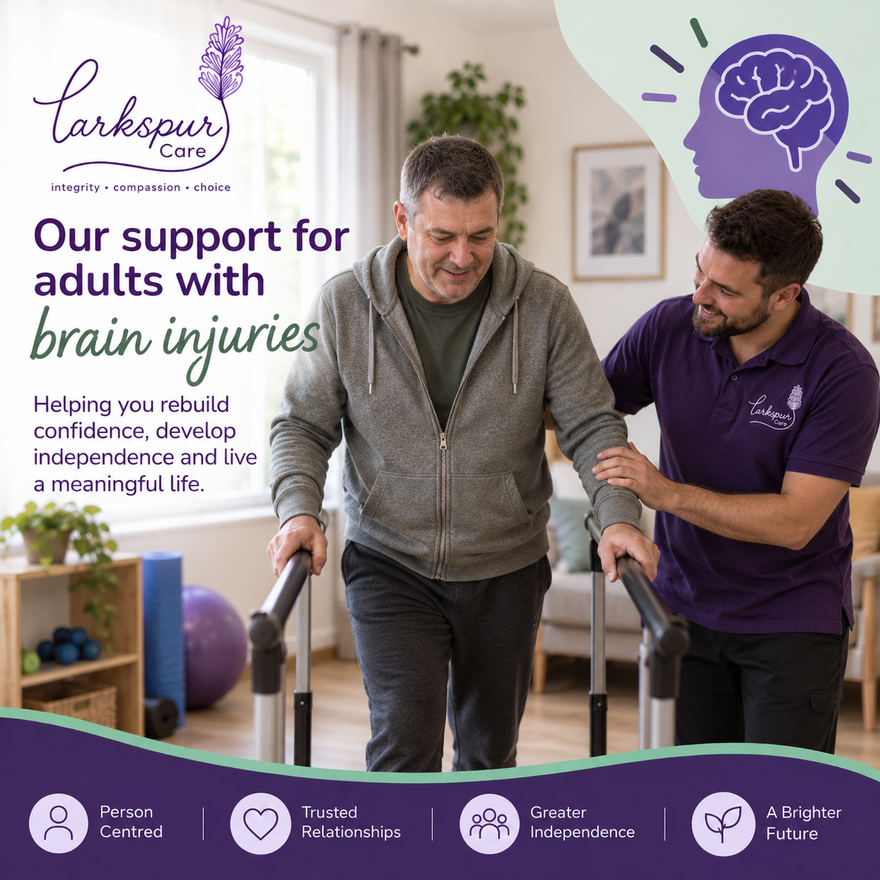 A caregiver assists an adult with a brain injury in walking with a walker in a bright, cozy room with a window, potted plant, and exercise equipment. The image promotes support for adults with brain injuries from Tarkspure Care, emphasizing integrity, compassion, choice, and goals like independence and meaningful living.