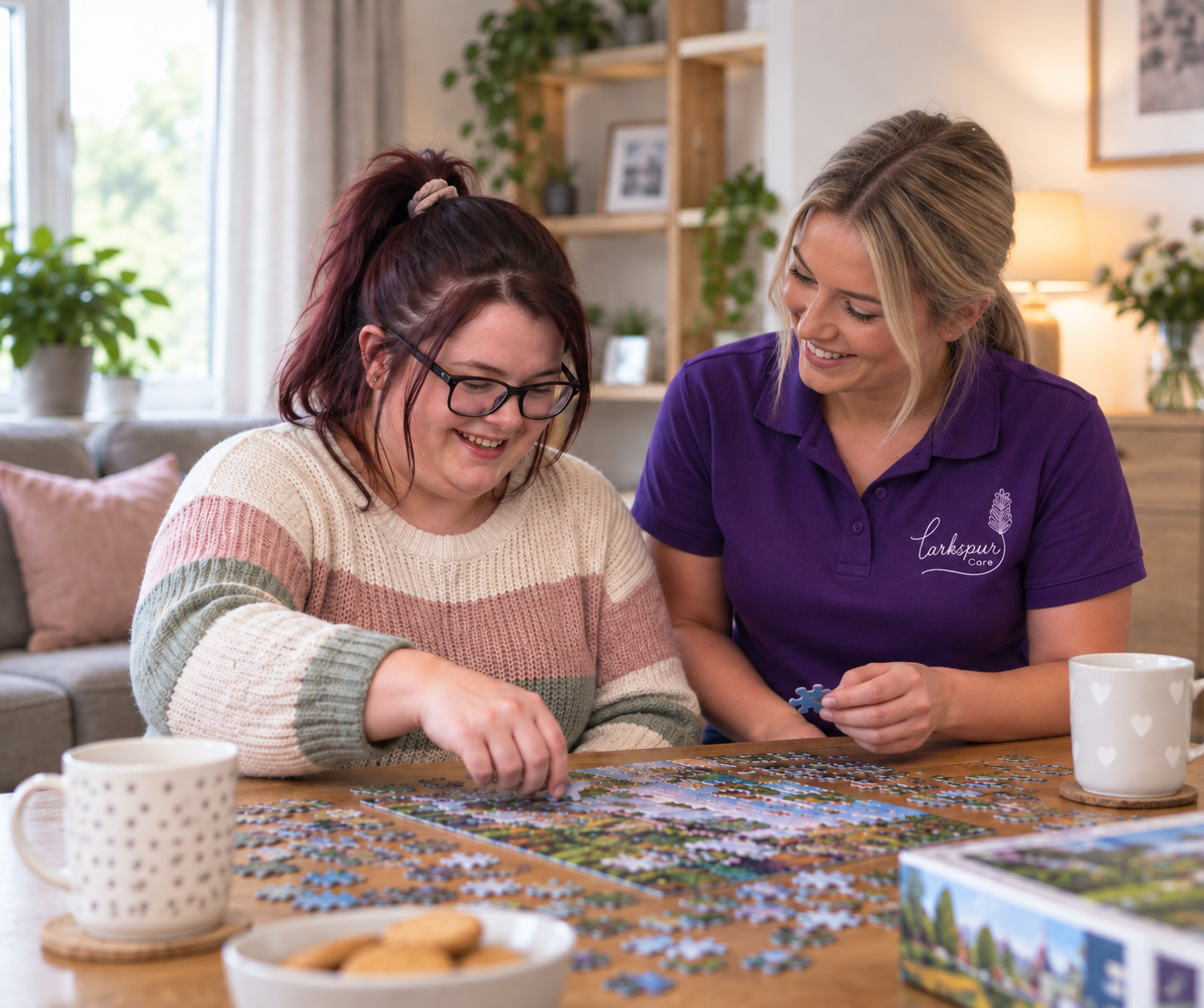 Two women sitting at a wooden table working on a jigsaw puzzle, with coffee mugs and a box of puzzle pieces in a cozy, well-lit living room.