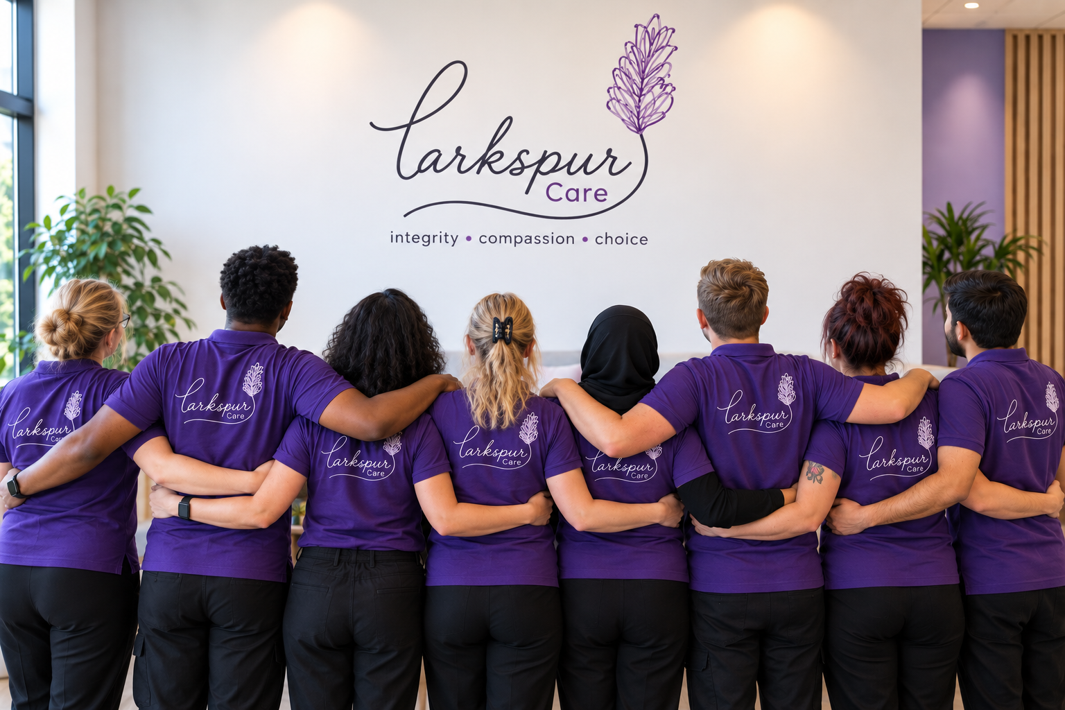 Group of eight diverse staff members standing together in purple uniforms with arms around each other, facing a wall with the 'Larkspur Care' logo and slogan, inside a modern office or care facility.