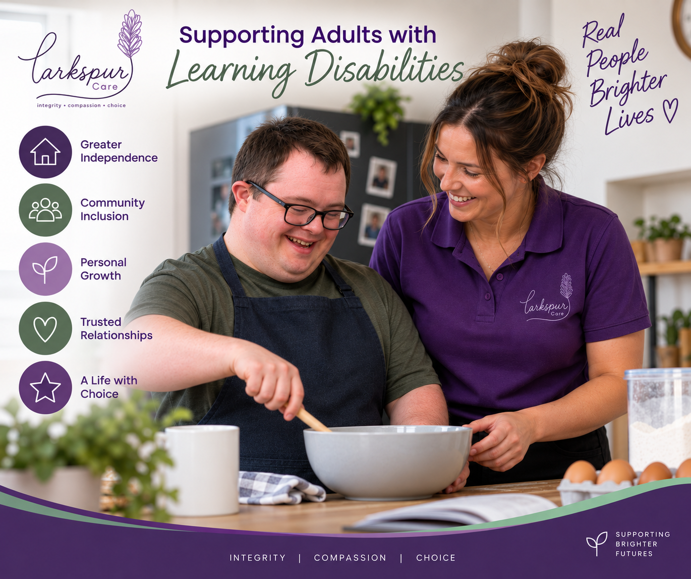 A woman in a purple shirt assisting a smiling man with a learning disability in a kitchen, preparing a meal together.