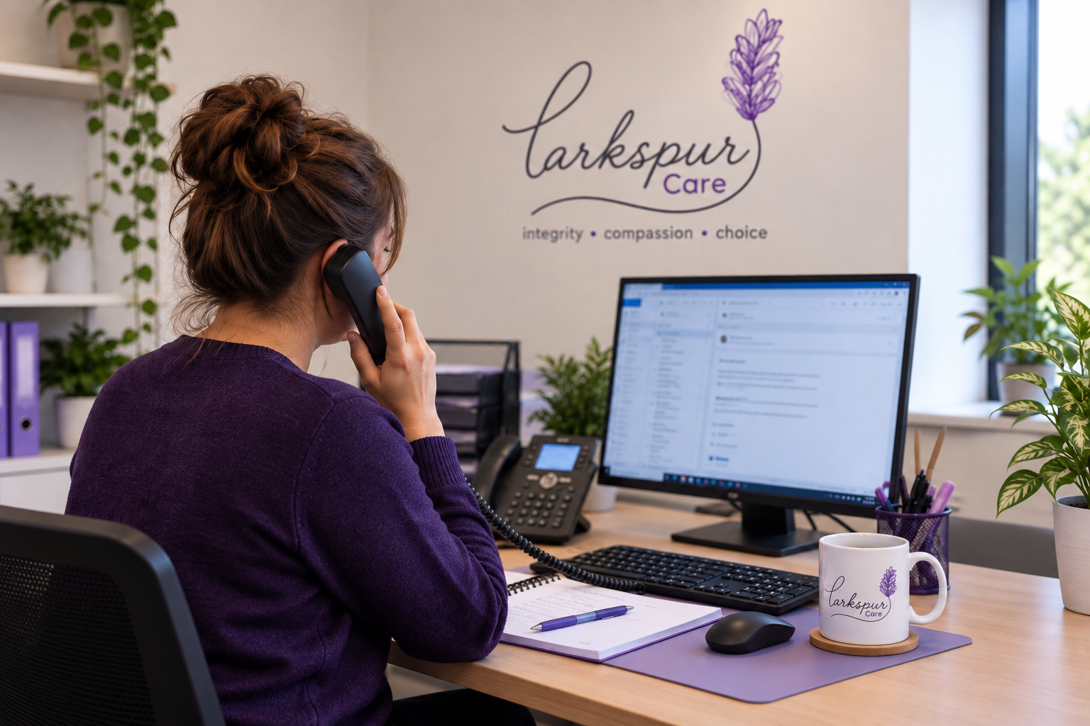 A woman work at her desk in an office, talking on the phone. Her desk has a computer monitor, a keyboard, a mouse, a notepad with a pen, a mug with a logo, and a cup holding pens. The background shows a wall with a logo and branding for 'larkspur Care' along with the words 'integrity, compassion, and choice' and some plants.
