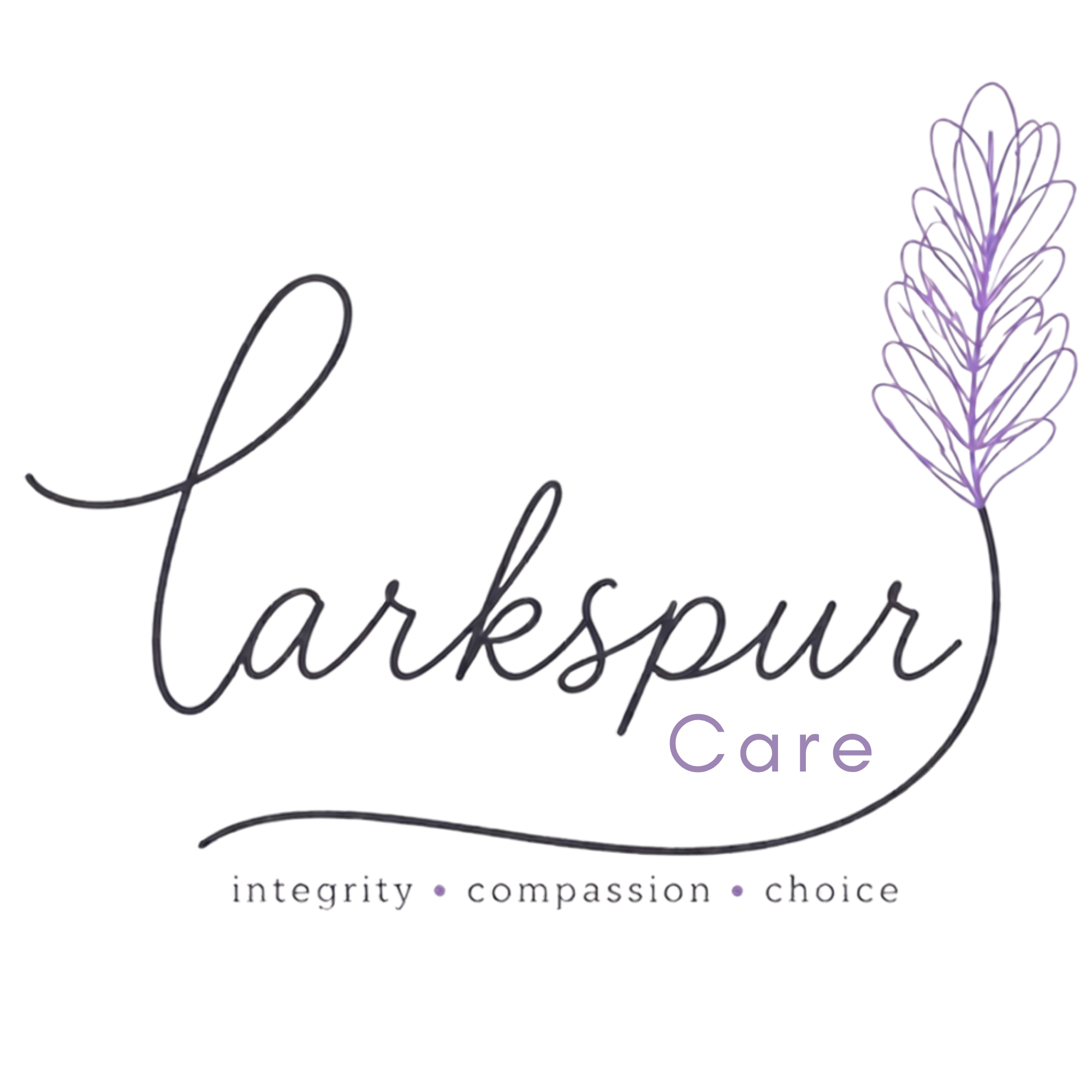 Decorative logo with a lavender and purple sprig on the right and the words "Laraspere" written in a cursive style with the words "integrity compassion choice" beneath.