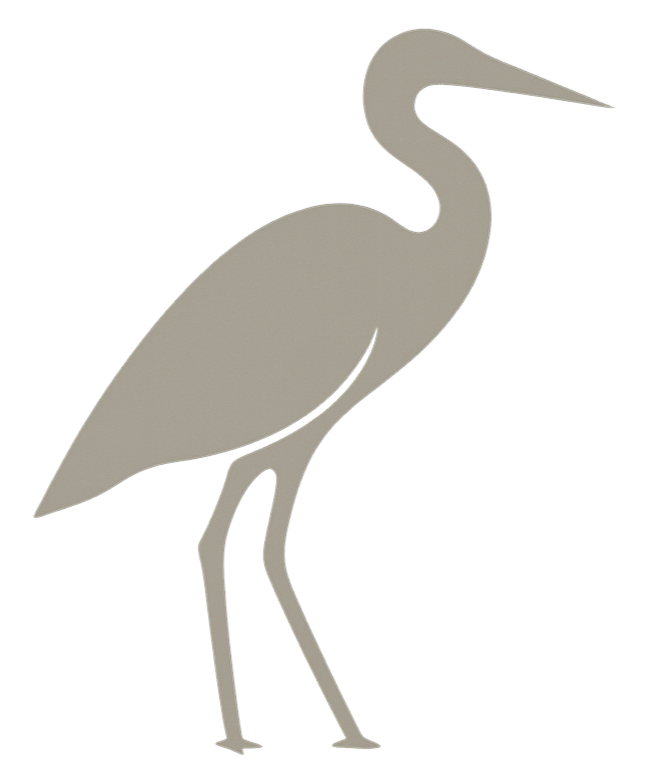 A silhouette of a heron or crane with long legs and a curved neck, facing to the right.
