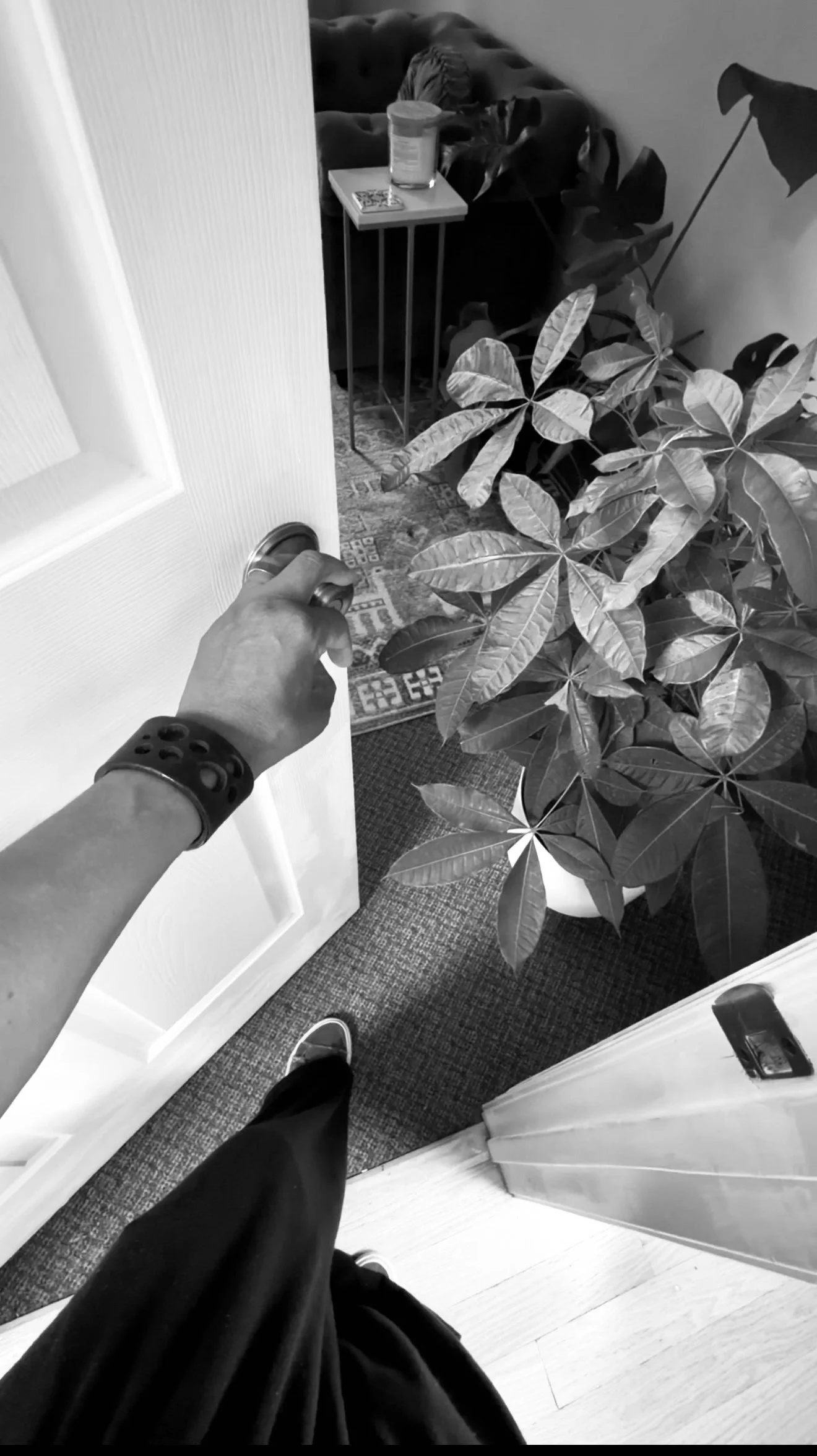 Person entering Sxuations PLLC therapy office. Person opening the door into a room with large houseplants, a dark sofa, a side table with a candle jar and a book, and patterned carpet. Photo by Taneka M. Bennett