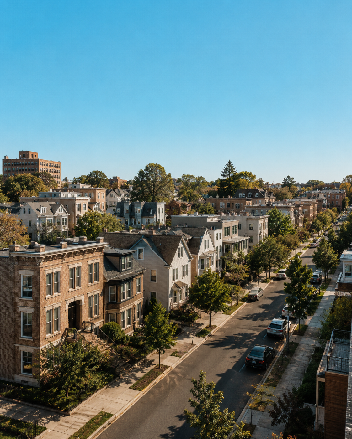 View of a residential neighborhood with multiple houses lining a tree-lined street under a clear blue sky.