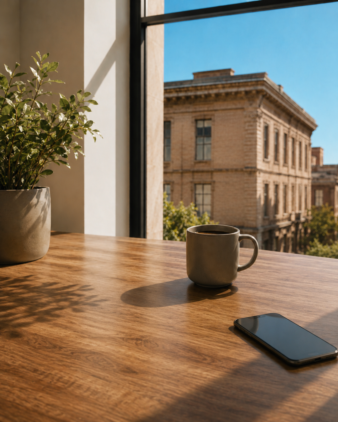 A wooden table with a potted plant and a coffee cup, next to a smartphone, in front of a large window showing a historic brick building under a clear blue sky.