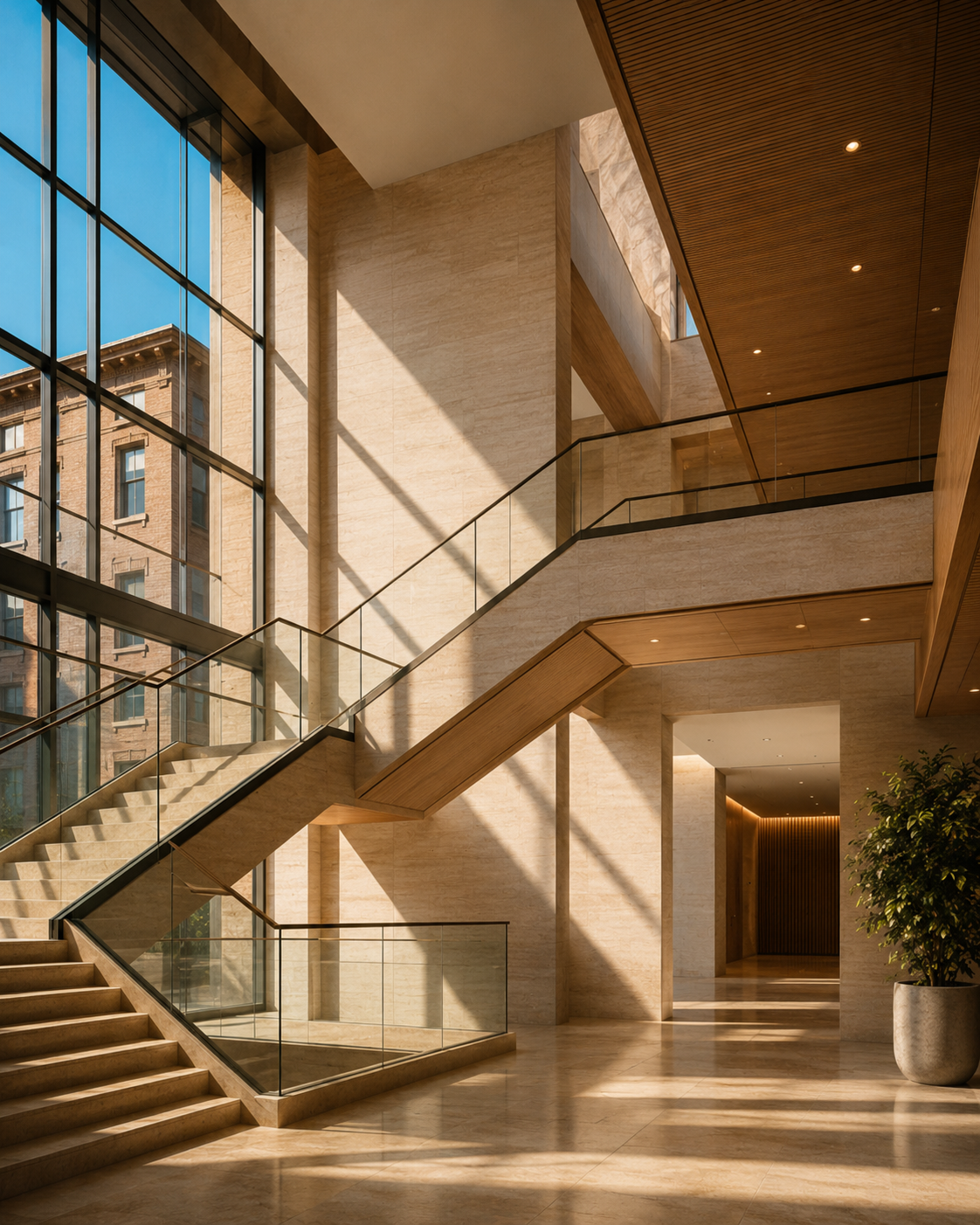 Modern building lobby with large glass windows, staircase, and wooden accents, illuminated by natural sunlight.
