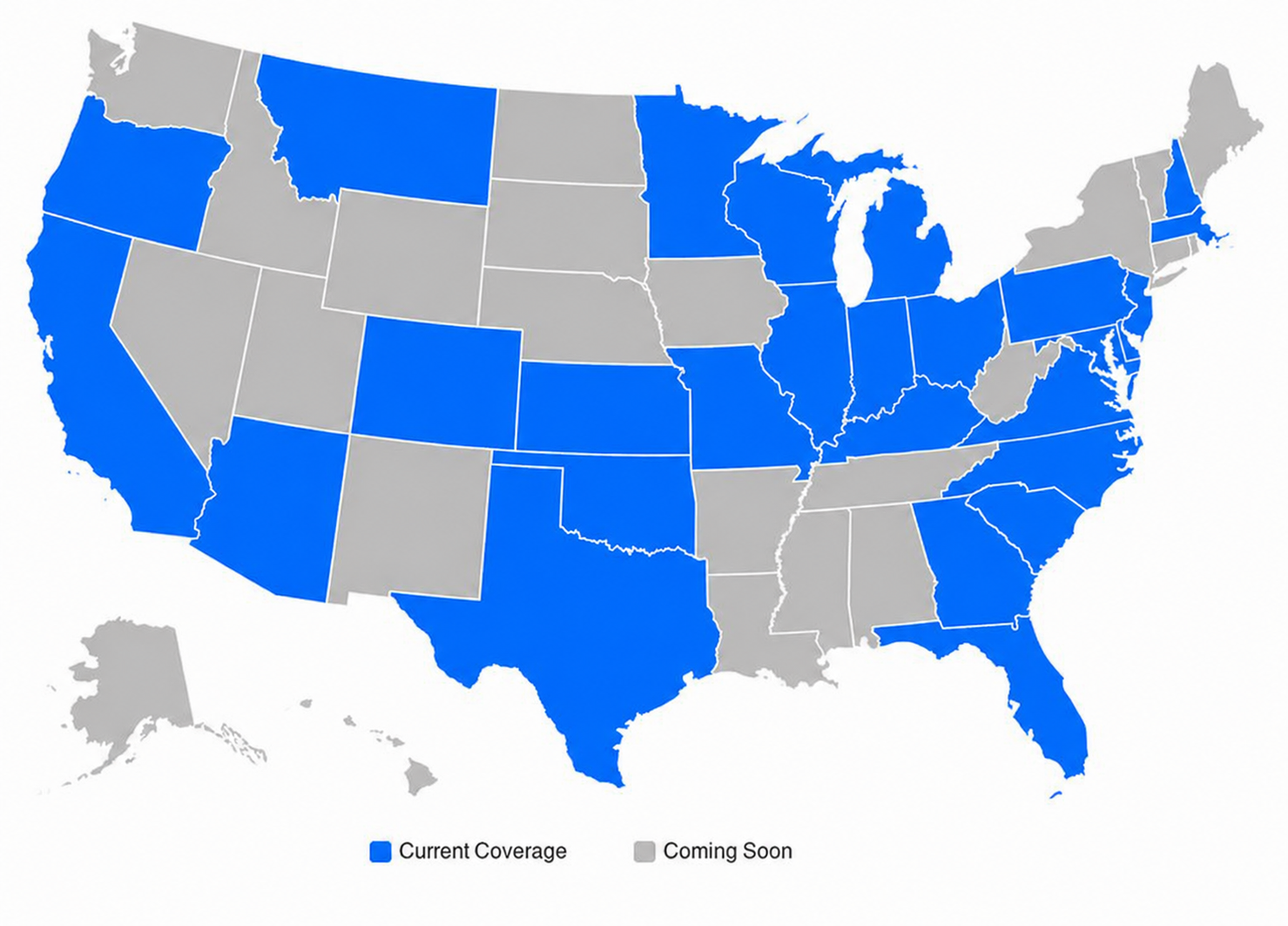 U.S. map showing states in blue for current coverage and states in gray for coming soon.