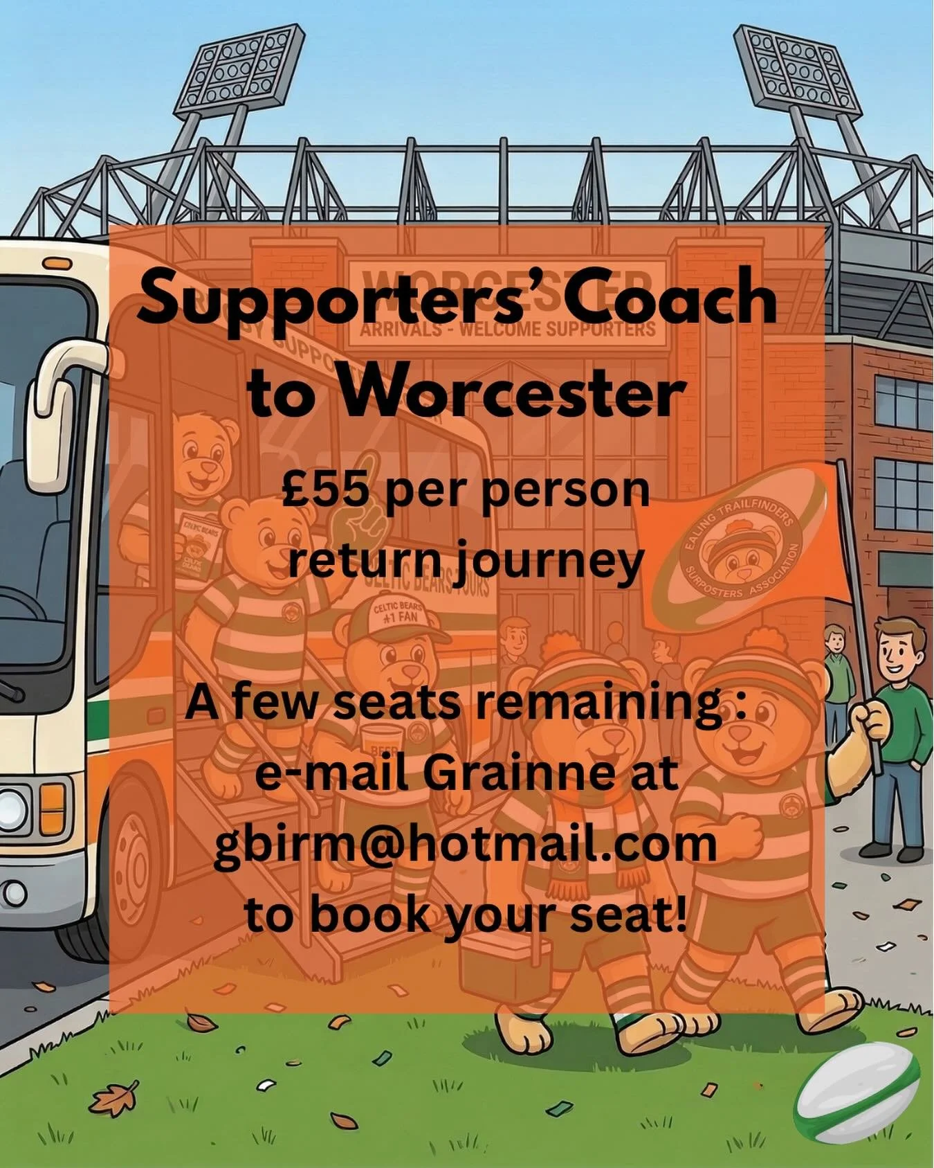 We have some seats remaining on the supporters&rsquo; coach to Worcester this coming Saturday. &pound;55 return journey club to club.
Email Gr&aacute;inne if you would like to join us! 🟢⚪️🟠🏉
&bull;
#ealingtrailfinders #ealingvworcester #worcesterw