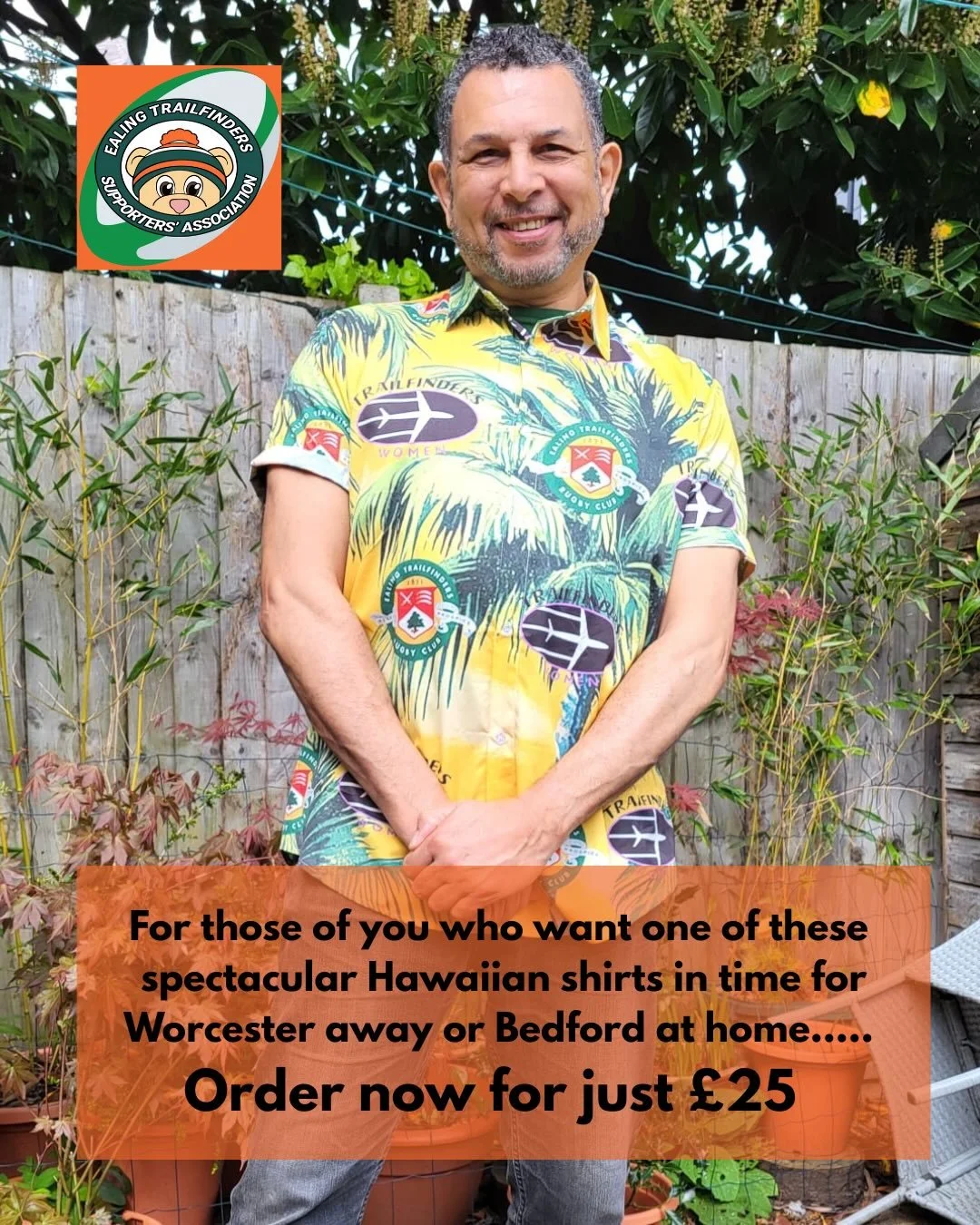 JOIN THE SUMMER COLLECTIVE! ETFSA supporters&rsquo; Hawaiian shirts available to order. For details swipe 👉
🏉 🟢🟠⚪️
Big thanks for our delightful model, Bill!! 

#ealingtrailfinders #ealingrugby #hawaiianshirt #ealing #rugbyunion