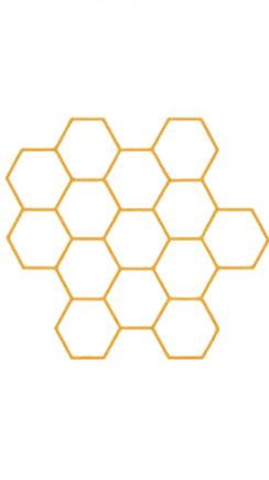 Letter 'B' made up of a honeycomb pattern with hexagonal shapes outlined in gold.