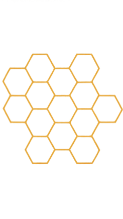 A graphic illustration of a honeycomb pattern with interconnected hexagons in gold color.