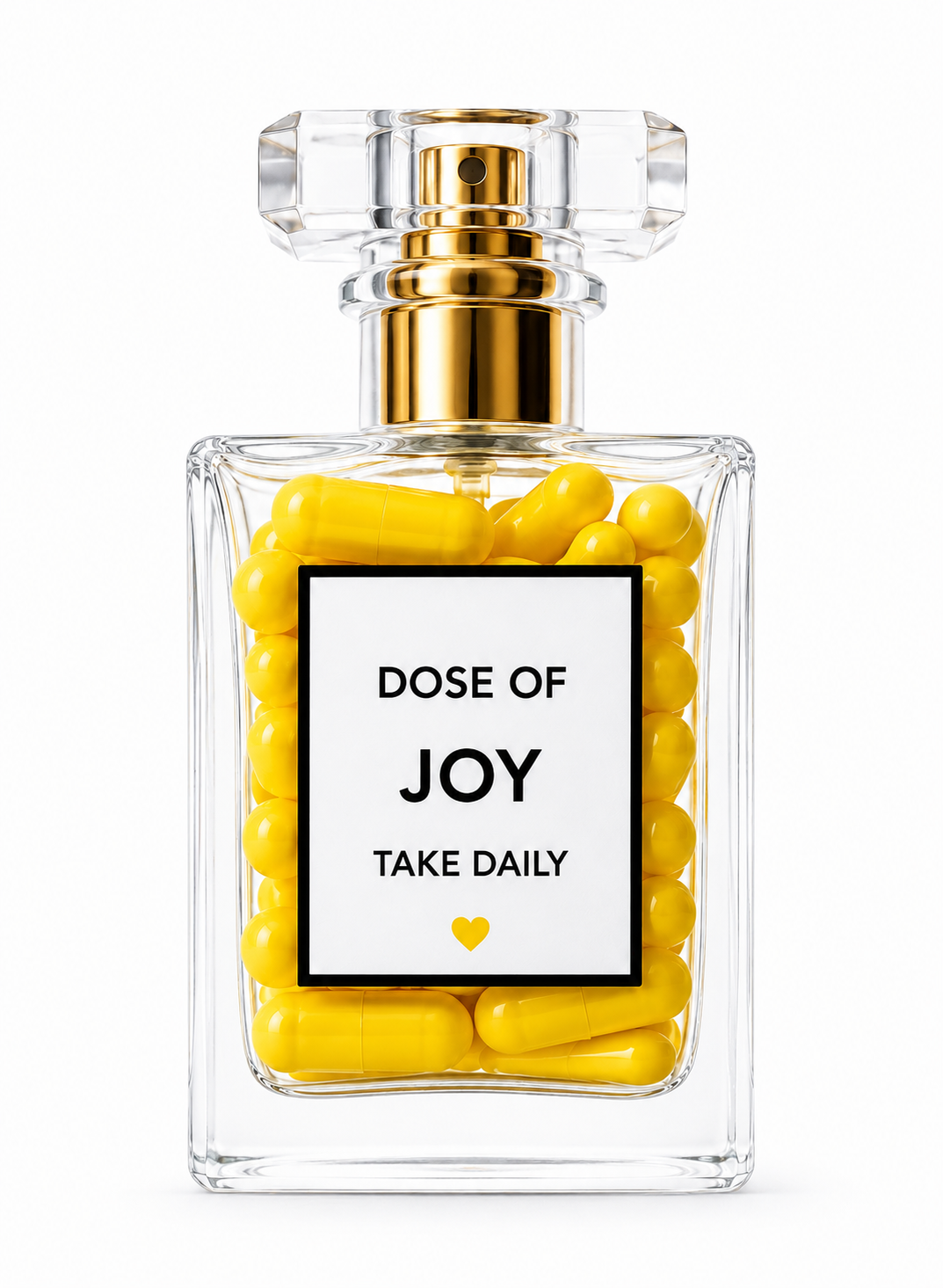A glass bottle filled with yellow capsules labeled 'Dose of Joy, Take Daily' with a small yellow heart.