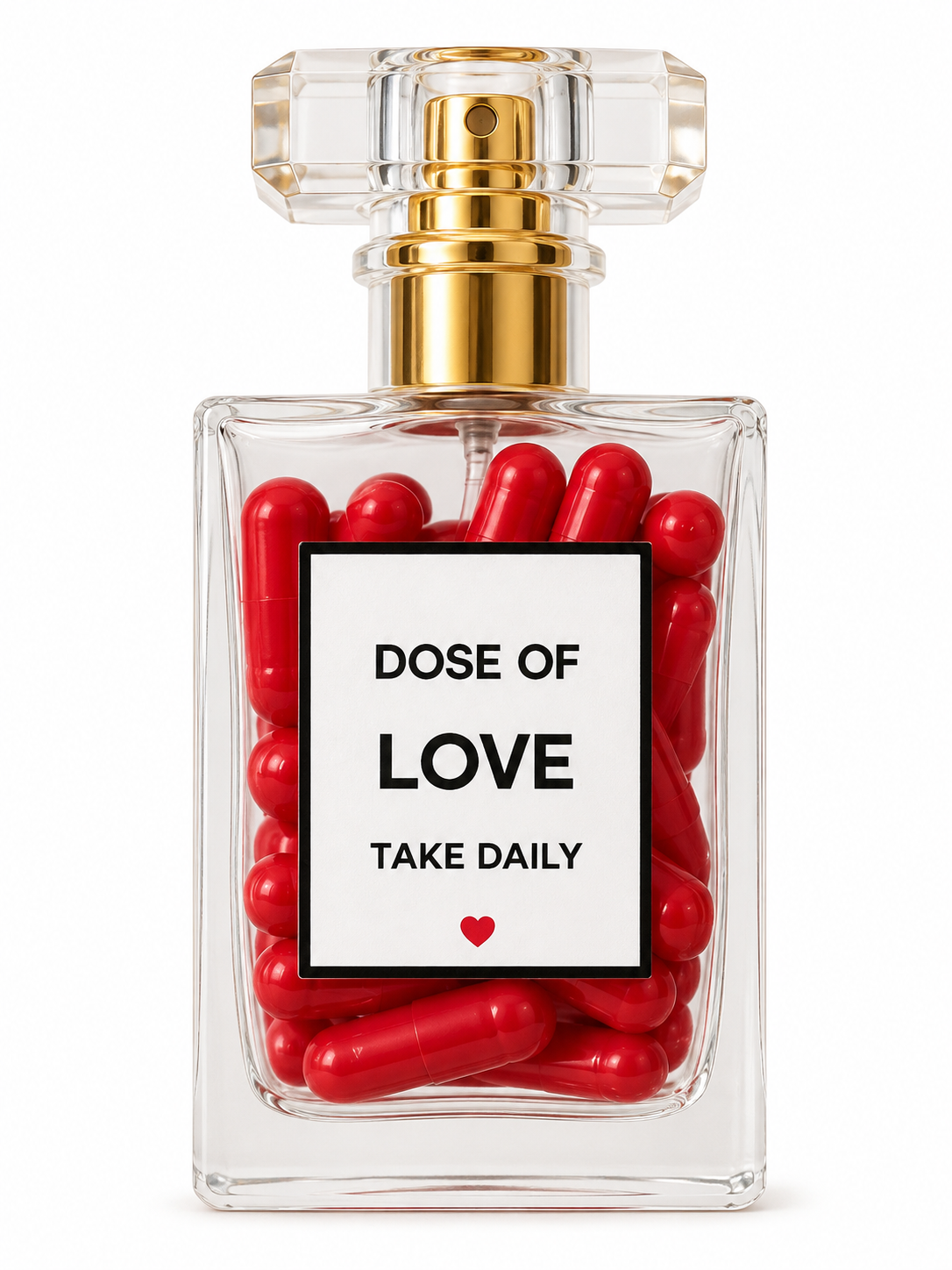 A perfume bottle filled with red capsules, with a label that says "Dose of Love, Take Daily" and a small red heart icon.