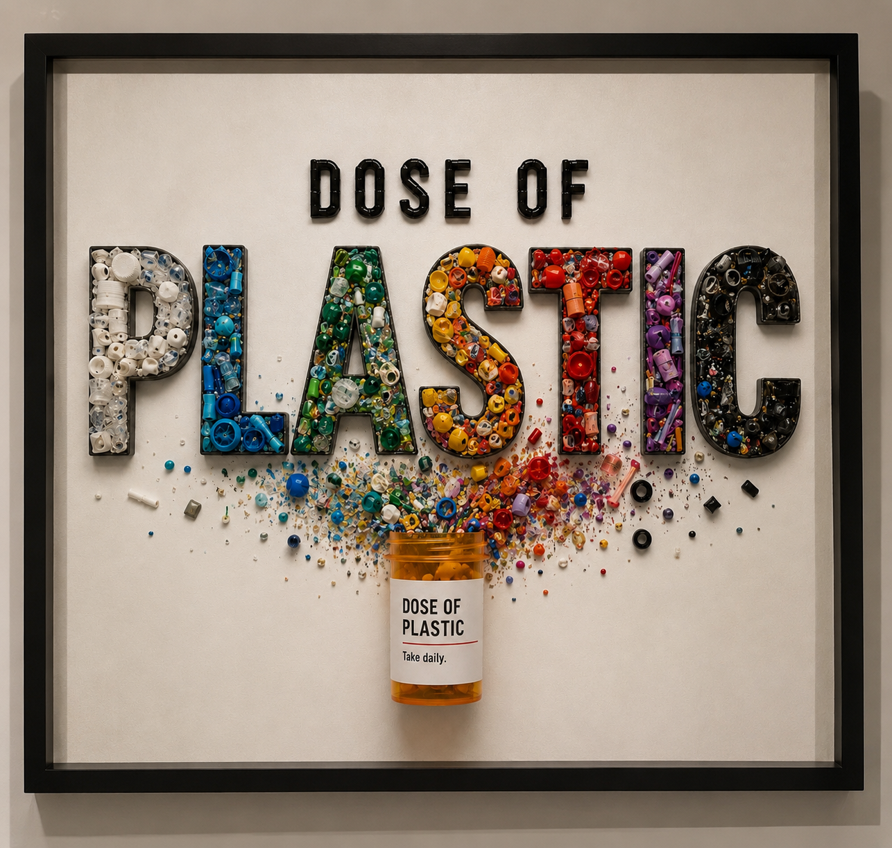 Dose of Plastic by Julie Langford, contemporary environmental artwork, exploring plastic pollution using discarded plastic pieces and a prescription - style bottle. "Dose of Plastic" and "Take daily."