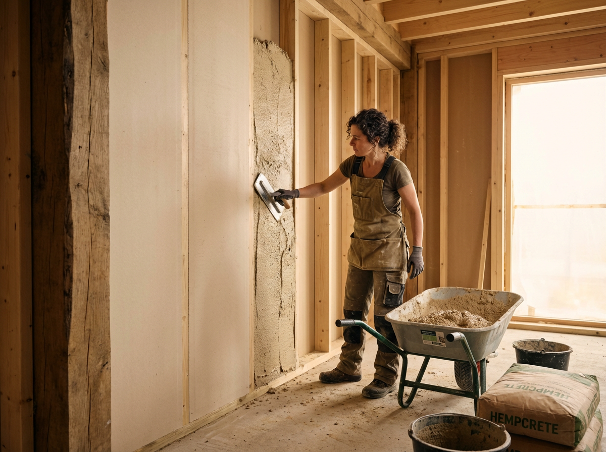 A woman in work clothes and gloves smoothing plaster on a wooden wall inside a house under construction, with construction materials and tools around her.