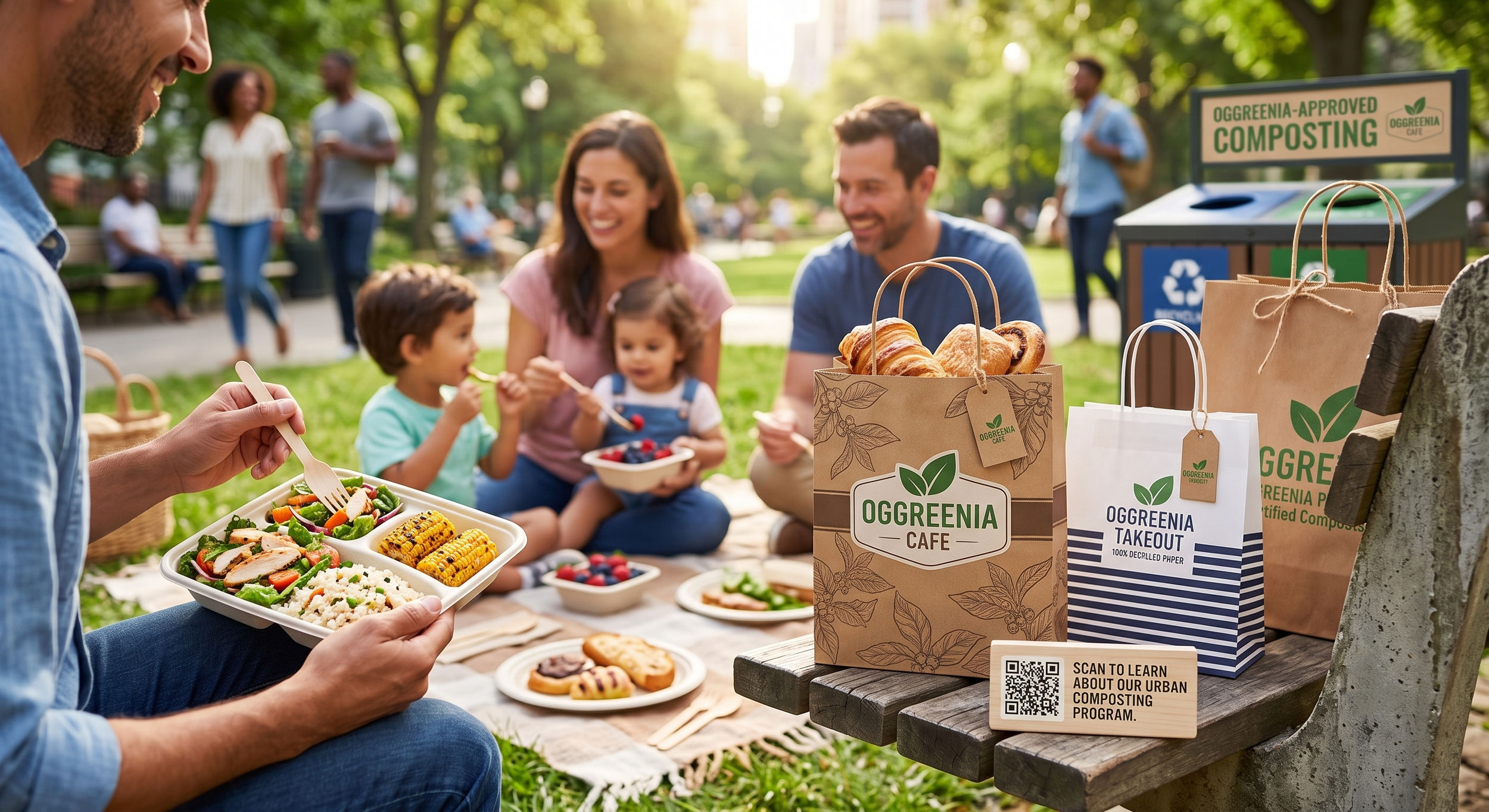 People enjoying a picnic in a park with food and reusable containers, surrounded by trees on a sunny day.
