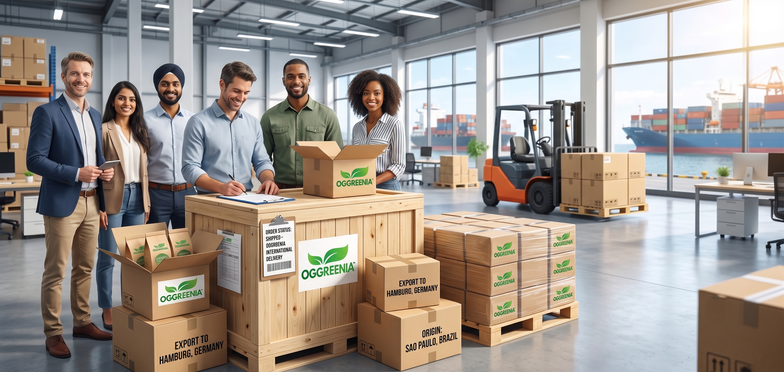 Group of six diverse people standing in a warehouse behind a wooden counter with boxes labeled 'OGREENIA,' surrounded by stacks of boxes and a forklift, with large windows and a view of ships docked at a port outside.