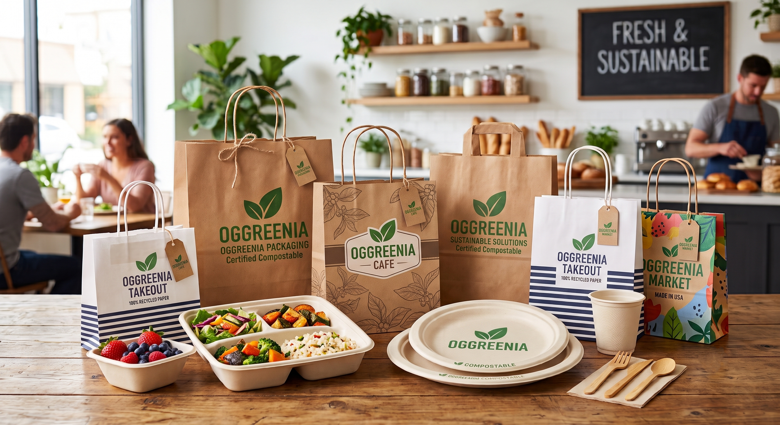 Reusable paper takeout bags with green leaf logo and clothing labeled 'Oggreenia,' filled with food and drinks, on a wooden table at a cafe with a salad and berries.