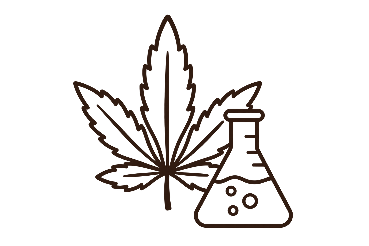 Outline of a cannabis leaf and a laboratory flask with bubbles, indicating cannabis testing or research.