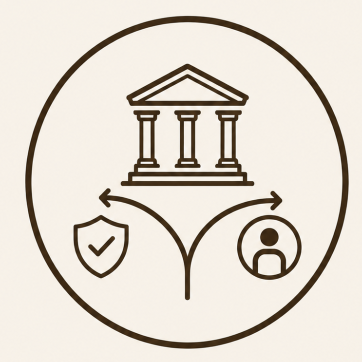 An icon depicting a courthouse with two columns and a triangular pediment, with arrows branching from it leading to a shield with a checkmark on the left and a person inside a circle on the right.