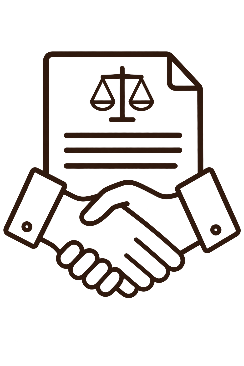 Outline illustration of a handshake with a legal document featuring scales of justice above the hands.