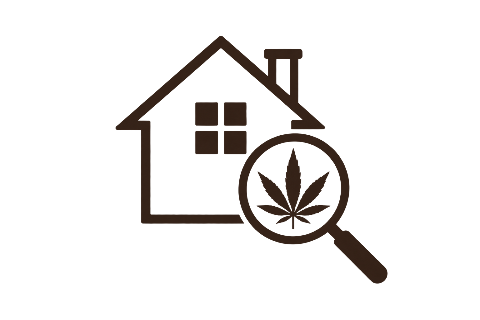 A house icon with a magnifying glass inscribed with a cannabis leaf.
