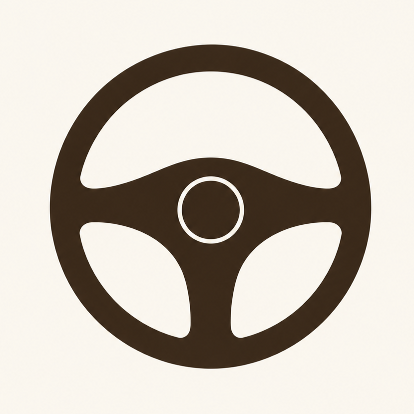 Icon of a steering wheel, black silhouette on a light background.