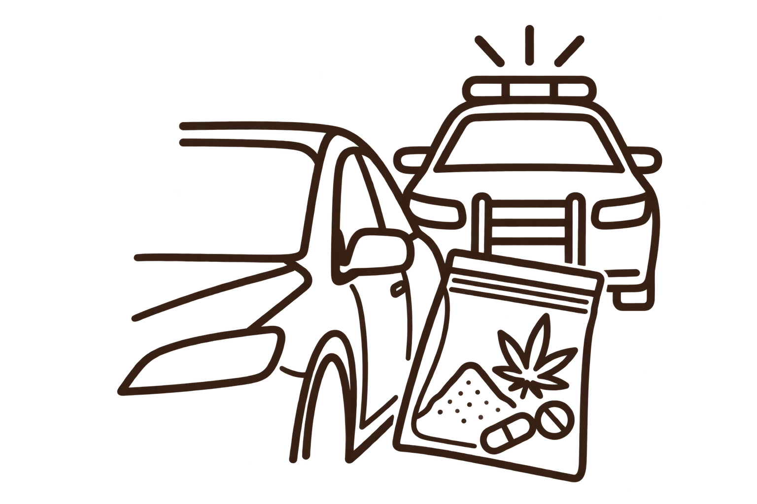 Outline of police cars, a bag of marijuana, pills, and a plant.