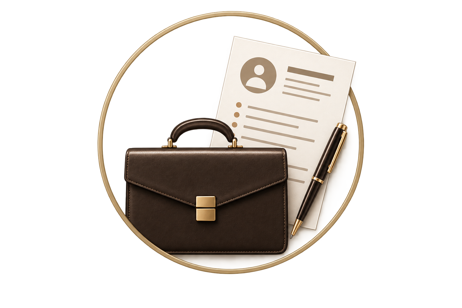 A brown leather briefcase, a resume or CV, and a black and gold pen on a round tray.
