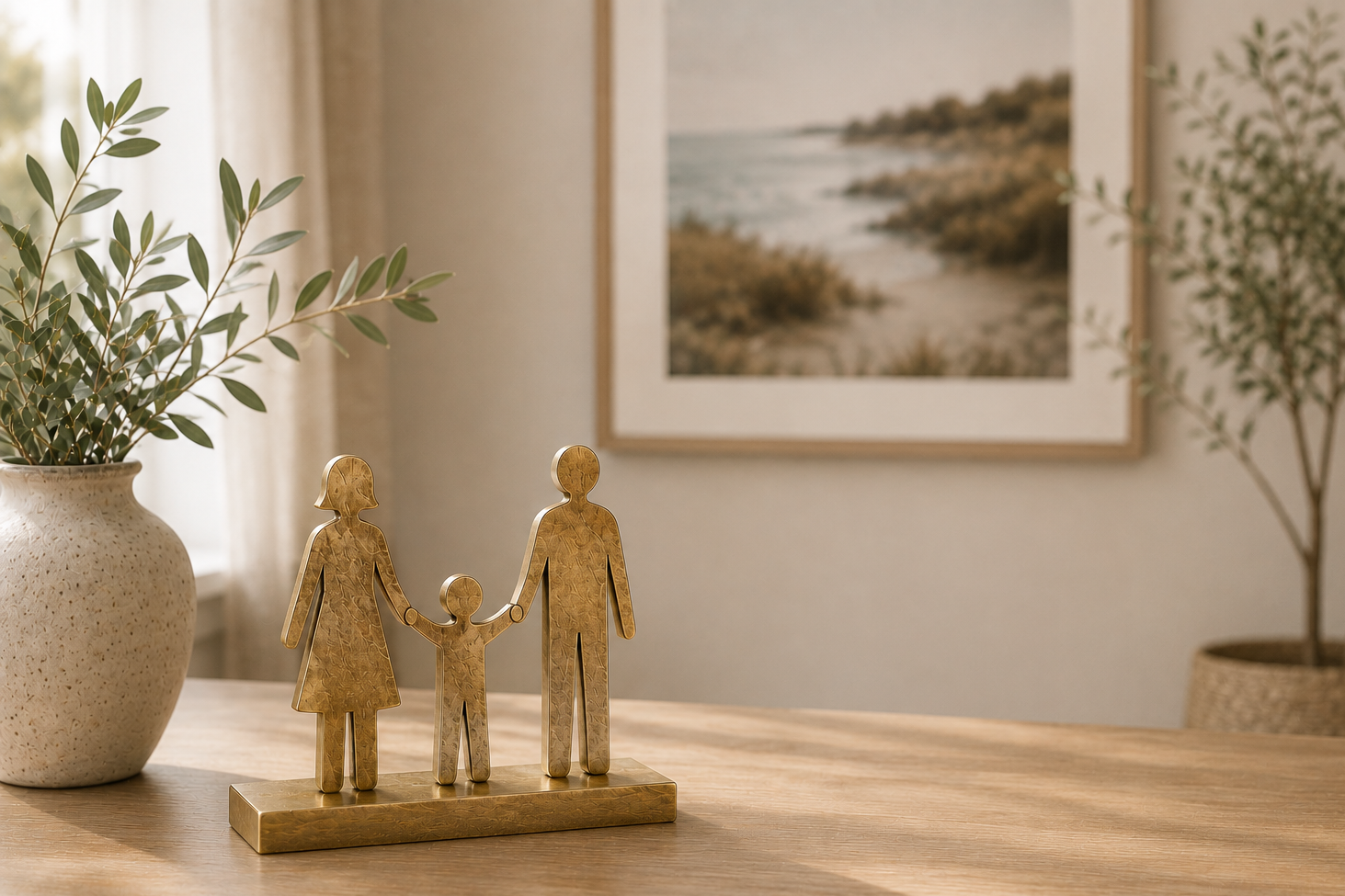 Decorative gold family figurine of two adults and a child holding hands on a wooden table, with potted plants and a framed beach scene on the wall in the background.