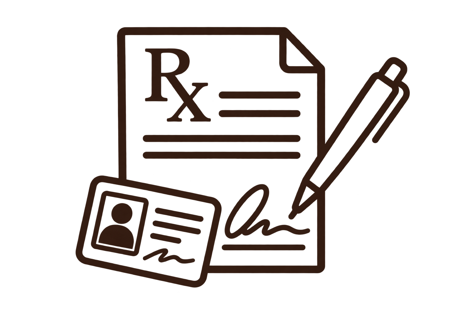 A line drawing of a prescription paper, a pen, and an identification card.