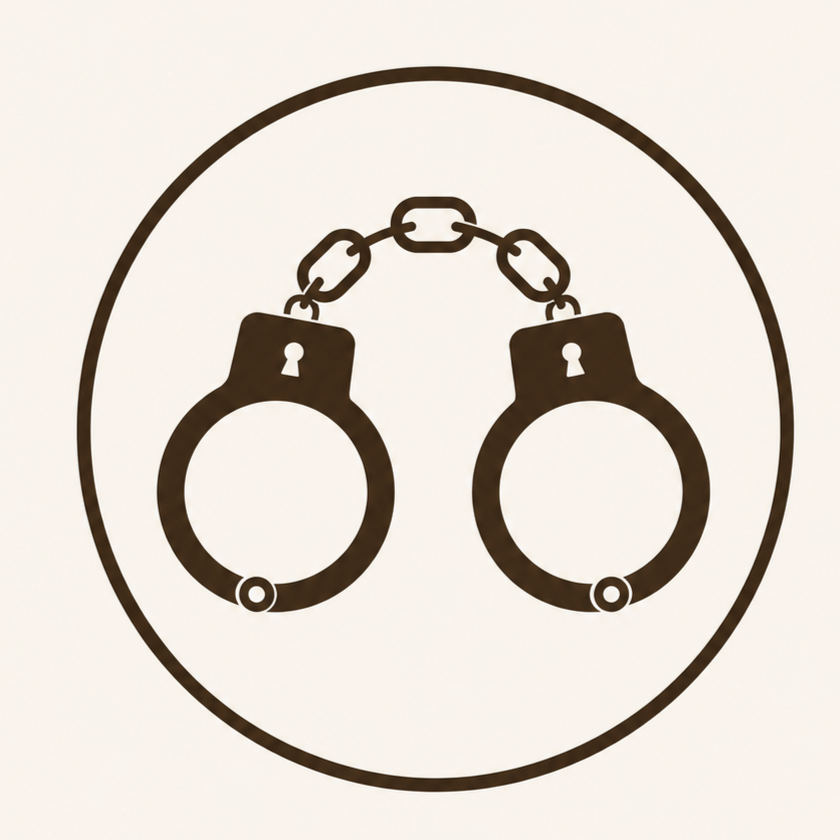 Icon of handcuffs inside a circle, used to symbolize law enforcement or arrest.