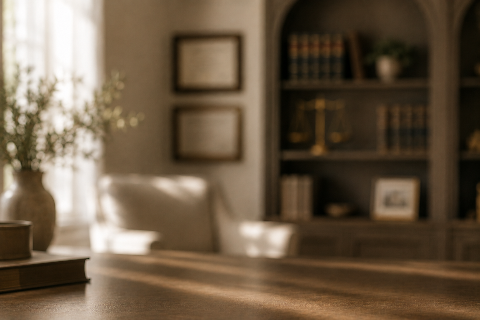 Blurred image of a cozy study or library room with a wooden table, bookshelves filled with books, framed pictures, and a window with sunlight streaming in.