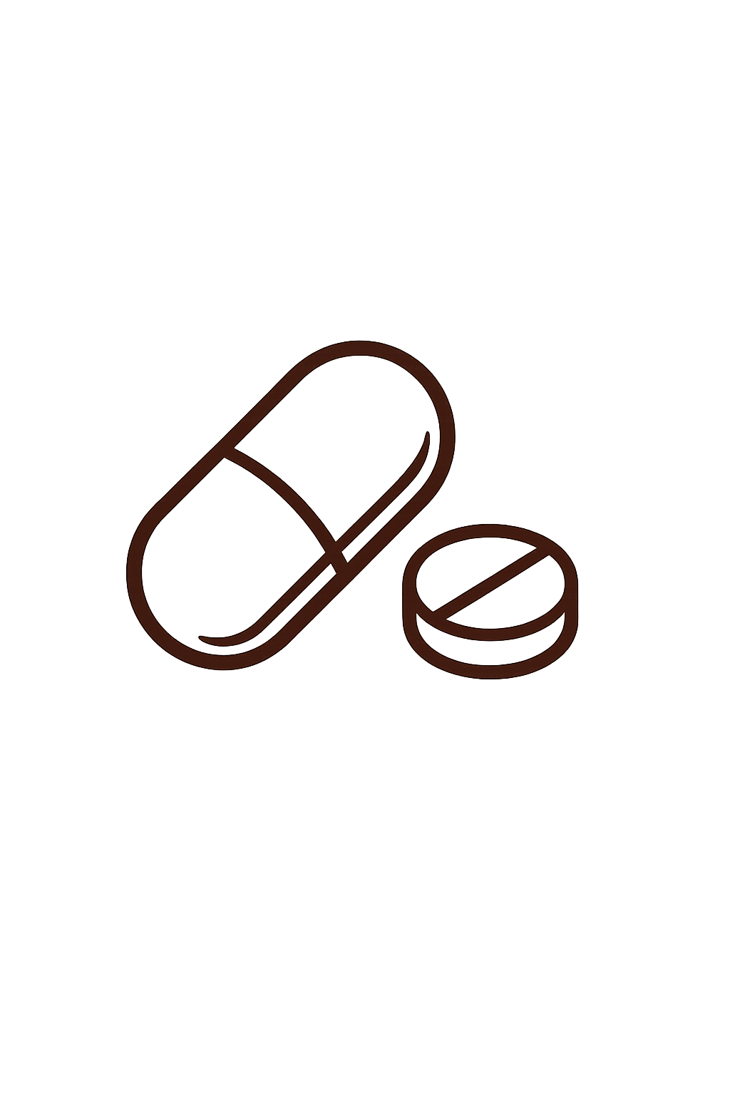 Line drawing of a capsule-shaped pill and a round tablet pill, depicted in brown lines.