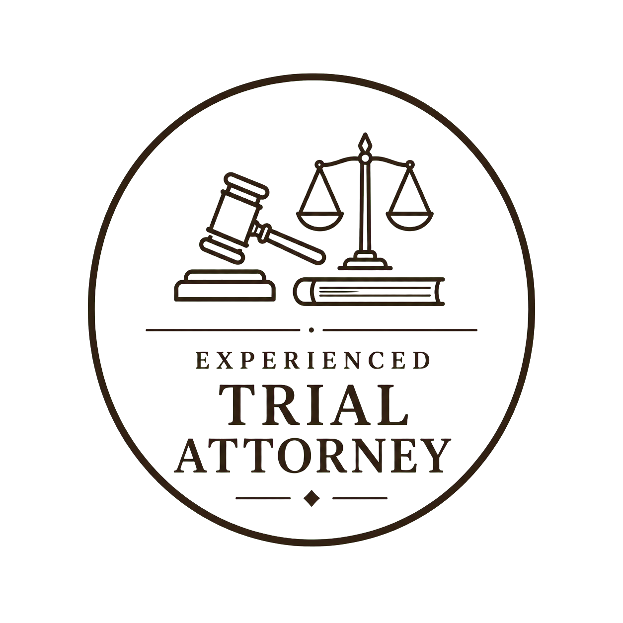 A circular emblem with a judge's gavel, a set of scales, and a law book, along with the text 'Experienced Trial Attorney'.