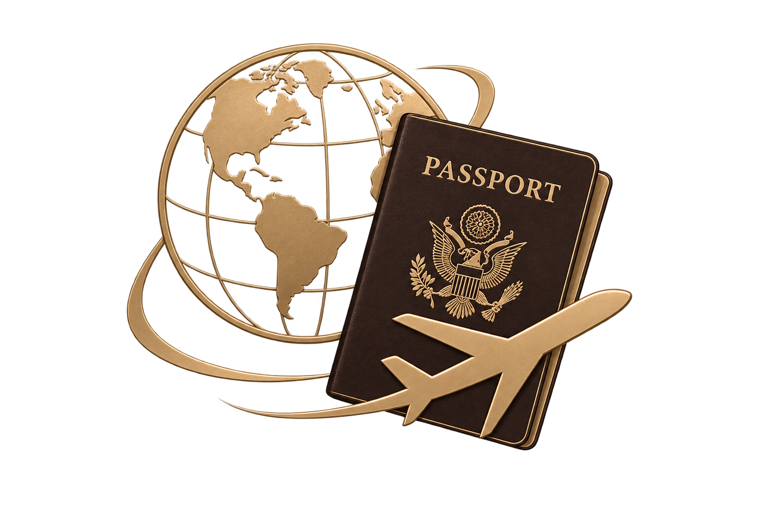 Golden globe, U.S. passport, and airplane sculpture symbolizing international travel.