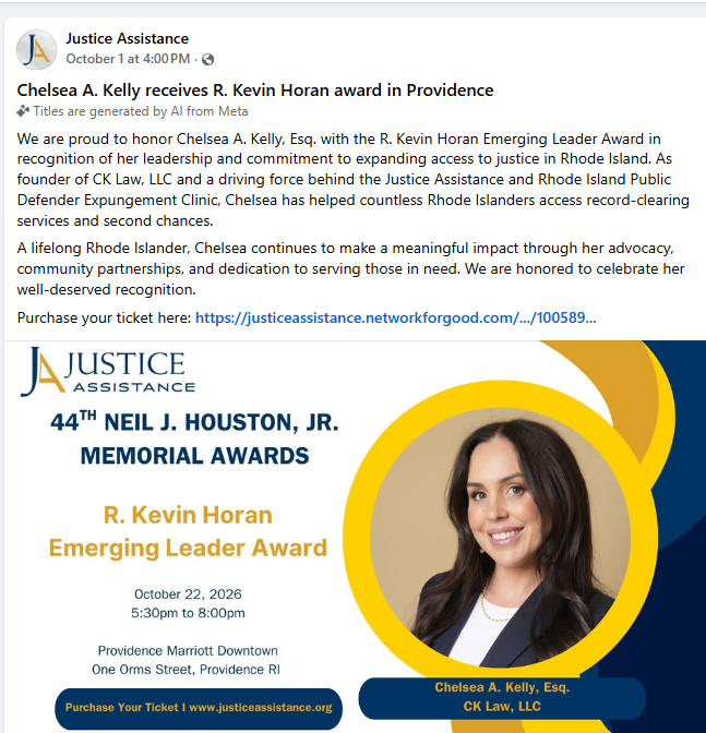 Invitation poster featuring a woman with long dark hair in a suit, smiling. The event is the 44th Neil J. Houston Jr. Memorial Awards on October 22, 2026, at Providence Marriott Downtown, Rhode Island. It honors Chelsea A. Kelly, Esq., with the R. Kevin Horan Emerging Leader Award.